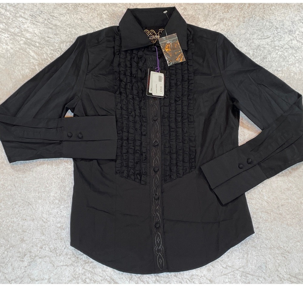 Robert Graham Ruffle Bib Blouse Womens S Black New NWT Embroidered Button Front